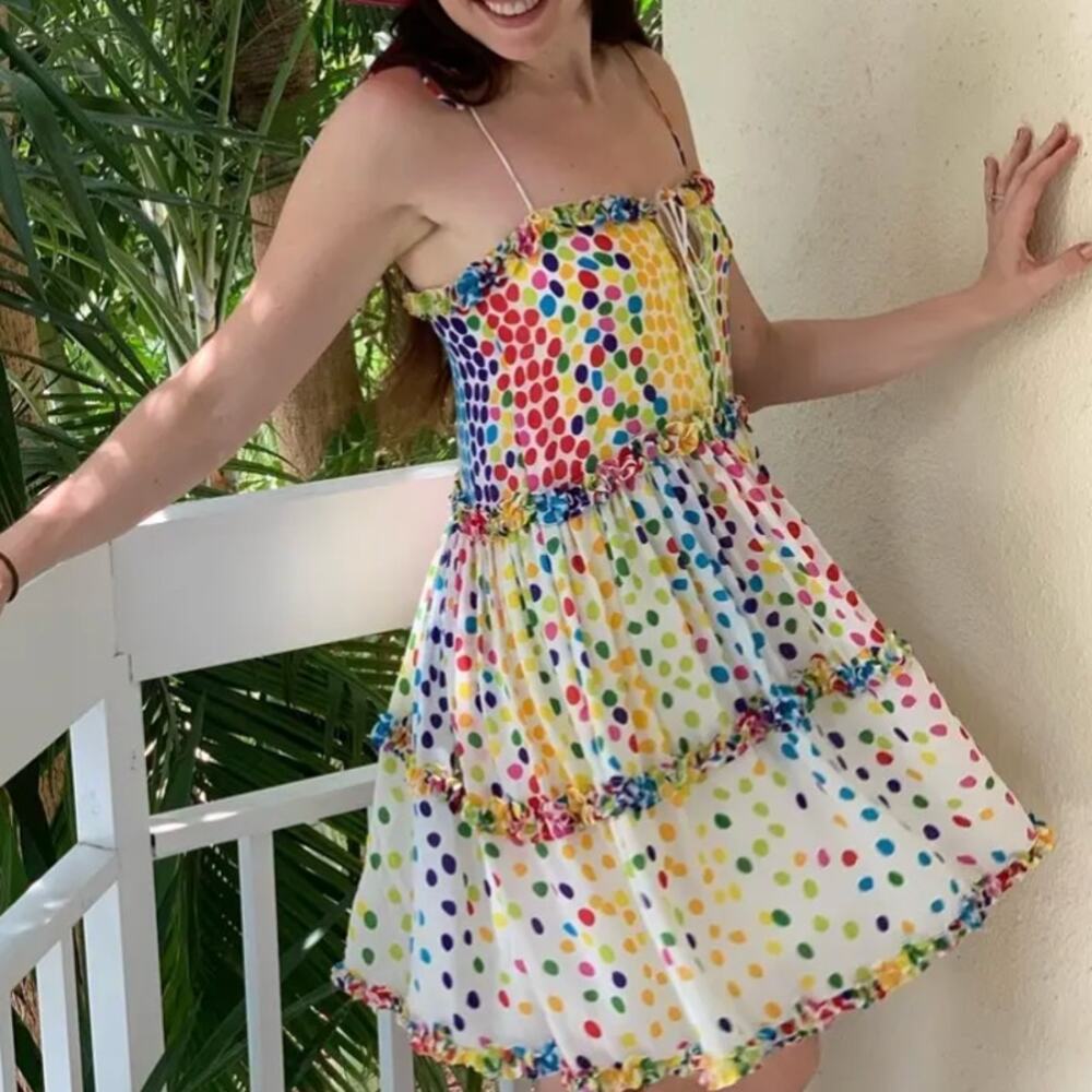 All Things Mochi Rainbow Mini Dress Polkadot Silk Chiffon Ruffle Designer $365 - Picture 10 of 14